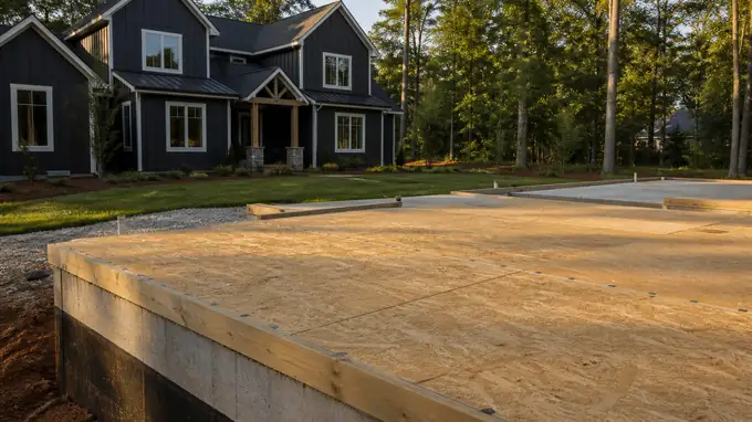A roofer fastens new OSB decking sheets with a staggered nailing pattern. at a charcoal farmhouse-modern home in Madison, WI, in late afternoon light.