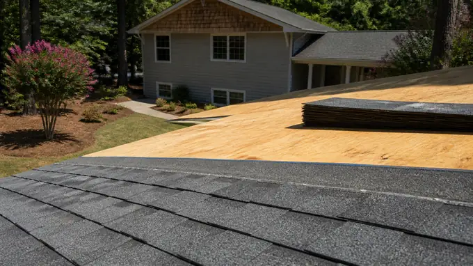 A roofer nails asphalt shingles into place course by course. at a grey split-level home in Madison, WI, in clear late-morning sun.
