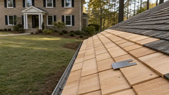 A roofer installs cedar shakes with careful spacing and stainless fasteners. at a tan-brick colonial in Madison, WI, in early morning light.