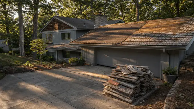 Workers strip aging cedar shakes from a roof before replacement. at a grey split-level home in Madison, WI, in late afternoon light.