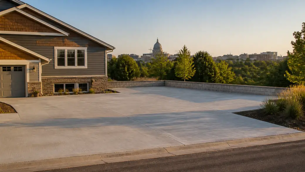 commercial flat roofing completed by a local contractor at a grey split-level home in Madison, WI, in late afternoon light.