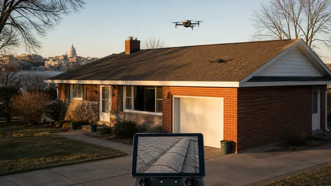 A drone hovers over a steep roof to photograph areas too high to reach by ladder. at a red-brick ranch home in Madison, WI, in late afternoon light.