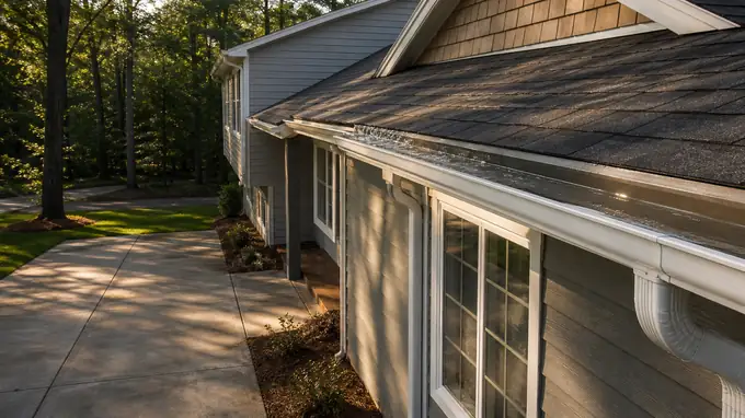 A roofer checks water flow through a newly reattached gutter after installation. at a grey split-level home in Madison, WI, in late afternoon light.