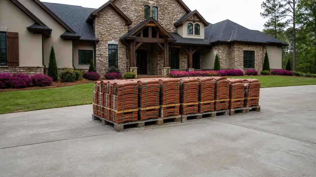 gutter installation completed by a local contractor at a stacked-stone and stucco home in Madison, WI, under an overcast sky.