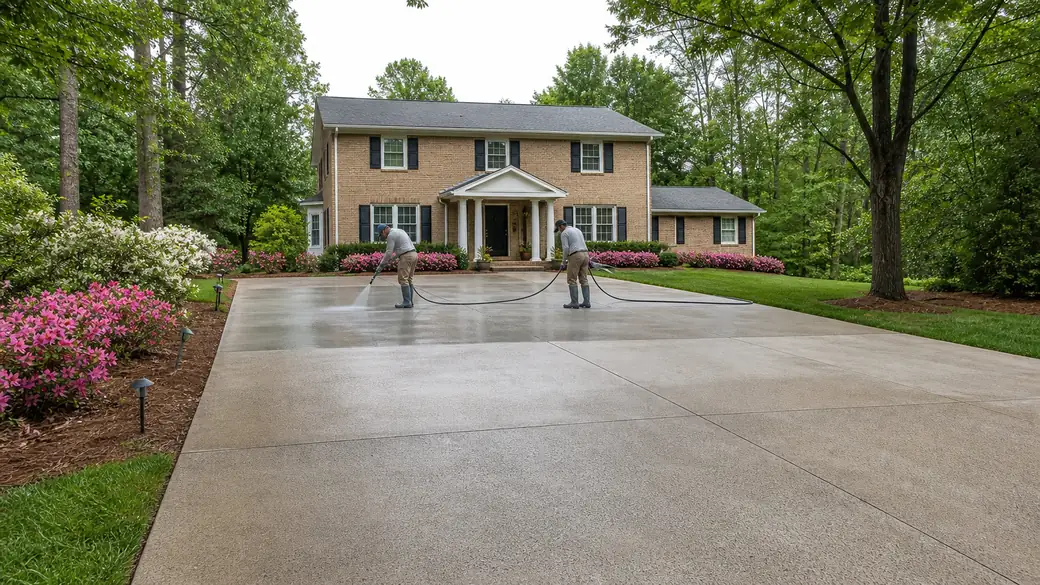 roof coating completed by a local contractor at a tan-brick colonial in Madison, WI, under an overcast sky.