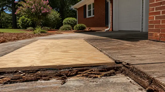 A roofer replaces a rotted section of plywood decking with new board. at a red-brick ranch home in Madison, WI, in clear late-morning sun.