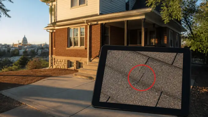 A roofer scrolls through inspection photos on a tablet while preparing the homeowner's estimate. at a brick-and-siding two-story home in Madison, WI.