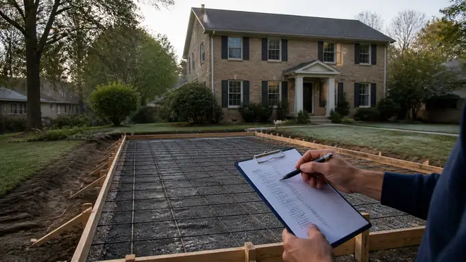 A contractor reviews a written roof replacement quote with a homeowner on the front porch. at a tan-brick colonial in Madison, WI, in early morning light.