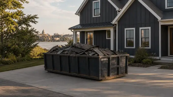 Workers load the last bundles of old shingle debris into a driveway dumpster. at a charcoal farmhouse-modern home in Madison, WI, in late afternoon light.