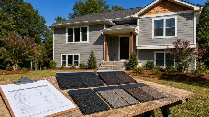 A roofer shows a homeowner asphalt shingle samples while reviewing the estimate. at a grey split-level home in Madison, WI, in clear late-morning sun.