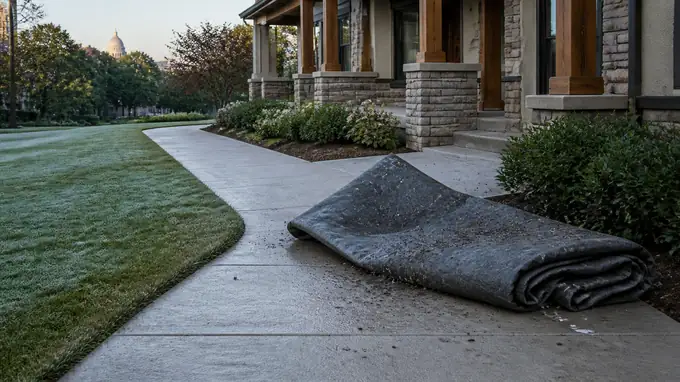 Workers fold up protective tarps laid over landscaping during the roof job. at a stacked-stone and stucco home in Madison, WI, in early morning light.