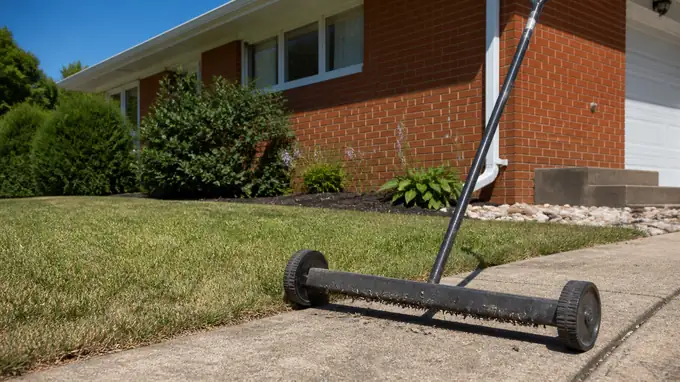 A worker pushes a magnetic sweeper across the lawn to collect stray nails. at a red-brick ranch home in Madison, WI, in clear late-morning sun.