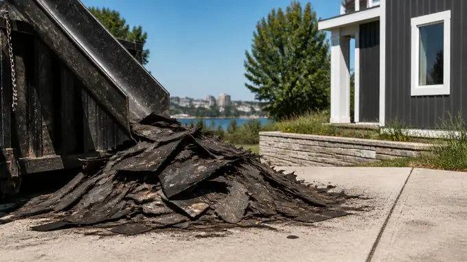 Workers tear off old shingles and toss them down a debris chute. at a charcoal farmhouse-modern home in Madison, WI, in clear late-morning sun.