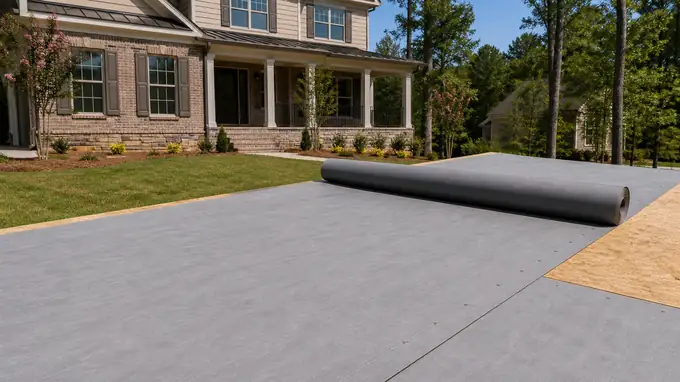 A roofer rolls synthetic underlayment across a bare deck, overlapping each row. at a brick-and-siding two-story home in Madison, WI.